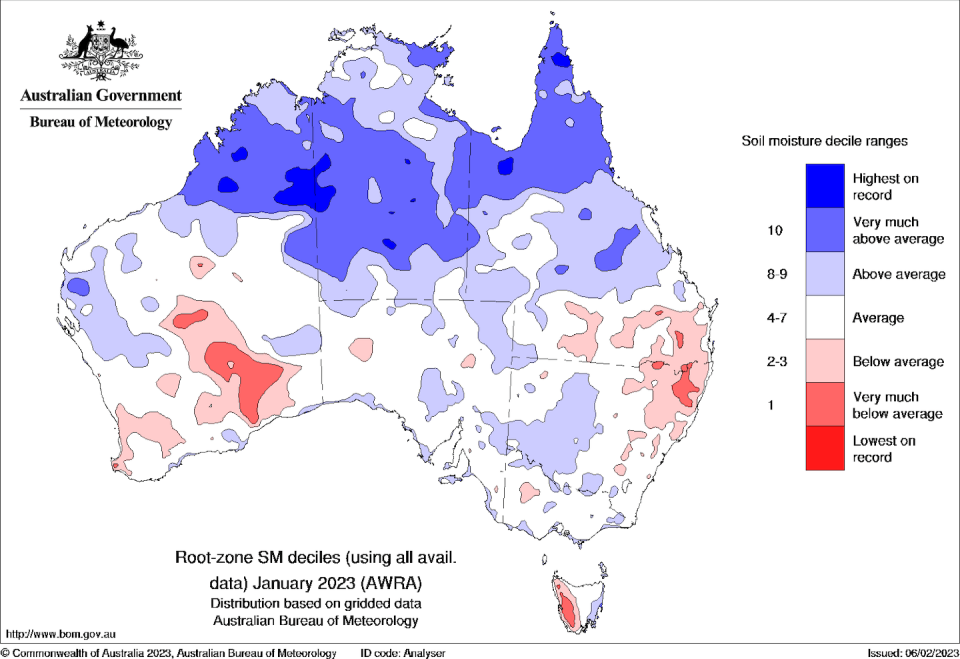 Recent root-zone soil moisture levels are average to above average across most of Australia. <a href="http://www.bom.gov.au/climate/drought/#tabs=Soil-moisture" rel="nofollow noopener" target="_blank" data-ylk="slk:Bureau of Meteorology;elm:context_link;itc:0;sec:content-canvas" class="link ">Bureau of Meteorology</a>