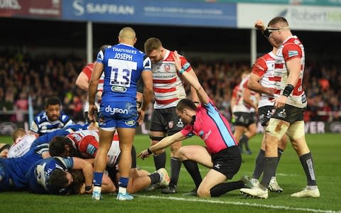 Freddie Clarke of Gloucester Rugby(hidden) goes over for his sides first try during the Gallagher Premiership Rugby match between Gloucester Rugby and Bath Rugby at Kingsholm Stadium on January 04, 2020 in Gloucester, England.  - Credit: Getty Images