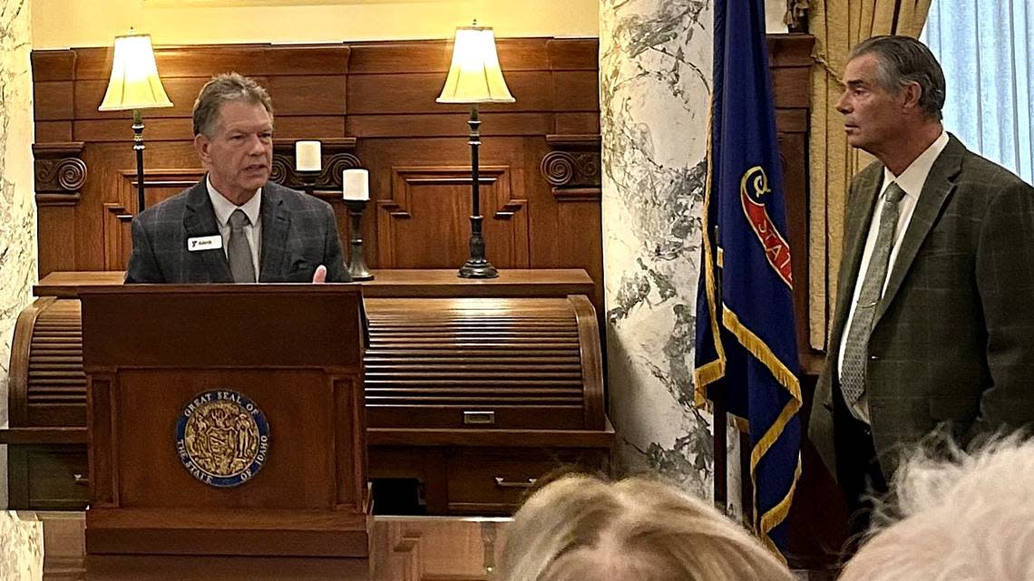 David Duro, the CEO of the Treasure Valley YMCA, speaks at the news conference. Jim Kissler, the former CEO of Boise’s Norco Inc., is at right.