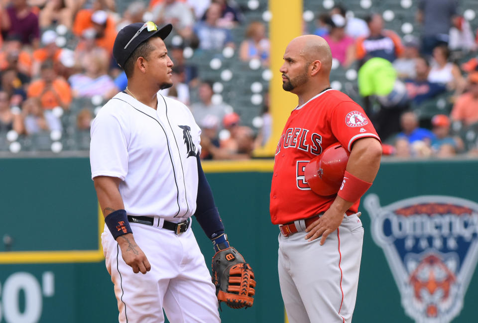 Miguel Cabrera (left) and Albert Pujols were honored with ceremonial All-Star selections by Ron Manfred.  (Photo by Mark Cunningham/MLB Photos via Getty Images)