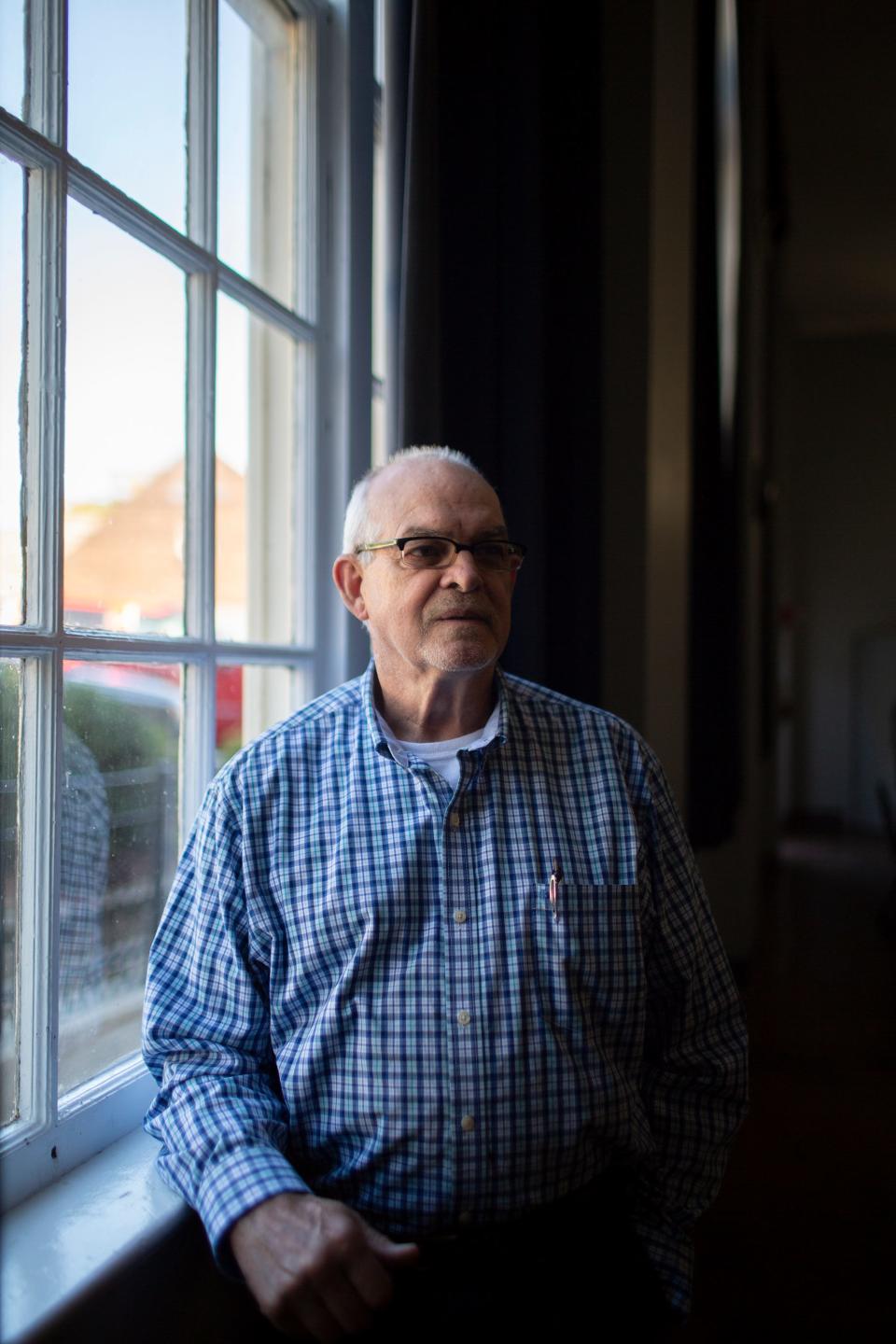 Polio survivor Gary Jones stands inside the Columbia Memorial Building in Columbia, Tenn., on World Polio Day Thursday, Oct. 24, 2019. 