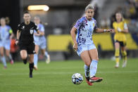 Spain's Alexia Putellas passes the ball during the Women's Nations League soccer match between Sweden and Spain at Gamla Ullevi in Gothenburg, Sweden, Friday Sept. 22, 2023. (Bjorn Larsson Rosvall/TT News Agency via AP)