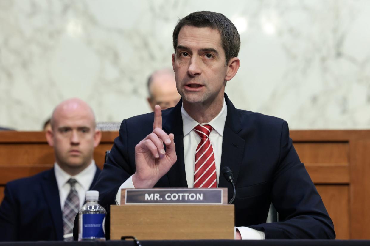 Republican Sen. Tom Cotton of Arkansas, the index finger on his right hand pointing skyward, speaks during a Judiciary Committee hearing on Capitol Hill.