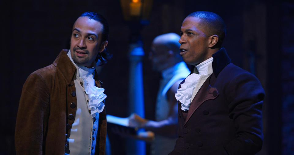 Lin-Manuel Miranda as Alexander Hamilton, left, and Leslie Odom Jr. as Aaron Burr in 