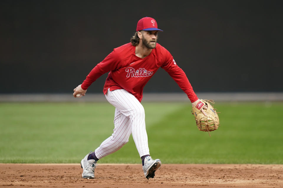 Philadelphia Phillies' Bryce Harper practices before the baseball NL Championship Series against the Arizona Diamondbacks, Sunday, Oct. 15, 2023, in Philadelphia. The Phillies host Game 1 on Monday, Oct. 16. (AP Photo/Matt Slocum)