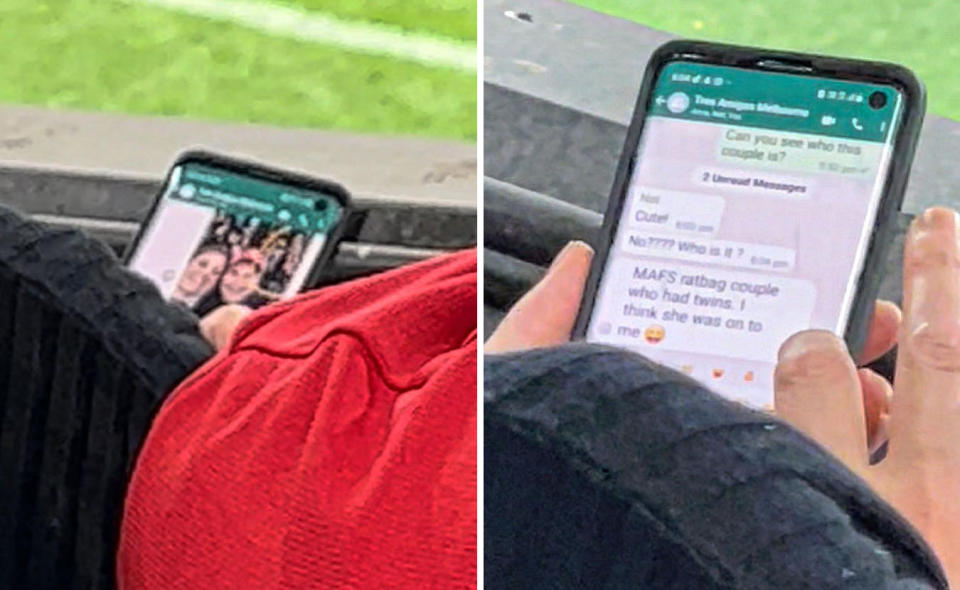 Two screenshots of a woman's phone typing on WhatsApp