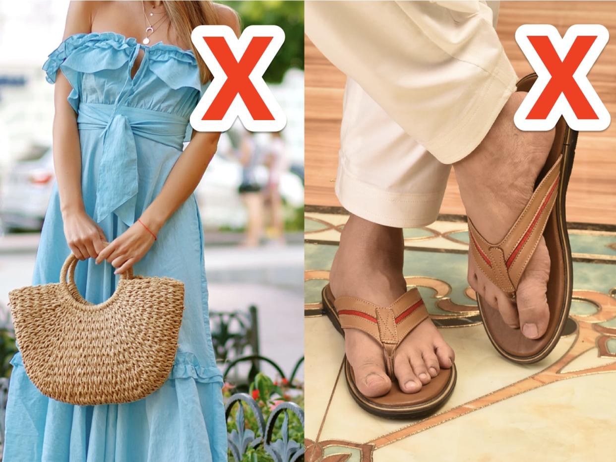 red x over woman wearing blue summer dress and red x over man wearing flip flops