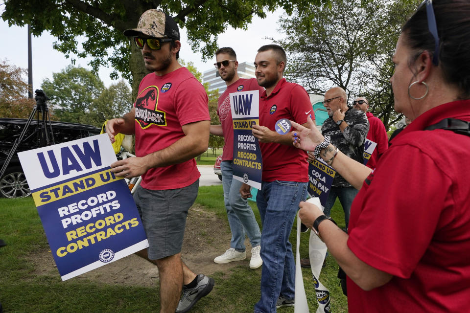 United Auto Workers march outside the Stellantis North American Headquarters, Wednesday, Sept. 20, 2023, in Auburn Hills, Mich. (AP Photo/Carlos Osorio)