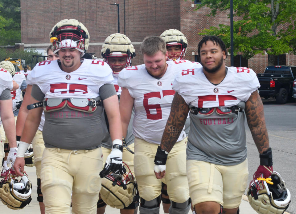 Florida State football and coaches players arrive for the fifth FSU spring football practice of the 2023 season on Thursday, March 23.