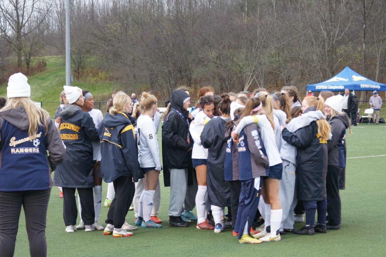 Spencerport after its loss to Section III's New Hartford 1-1 (6-5) in Penalty Kicks in the Class A New York State Semifinals on November 12, 2022, in Cortland, NY.