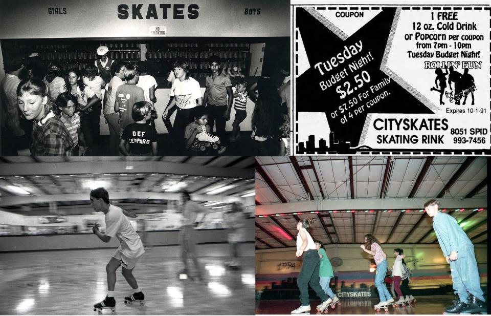 TOP LEFT: Gulf Skate, seen here in 1983, was the first roller skating rink at 8501 S. Padre Island Drive. It became Cityskates in 1990. BOTTOM LEFT: Skaters make their way around the rink at Cityskates on April 23, 1991. TOP LEFT: An advertisment for Cityskates from the Sept. 13, 1991, Caller-Times. BOTTOM LEFT: Wynn Seale Middle School students enjoy a school trip to Cityskates on Nov. 17, 1994.