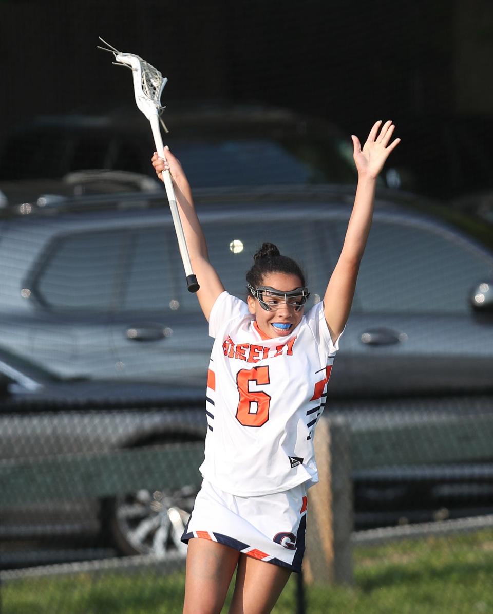 Greeley's Bae Bounds (6) celebrates her first half goal against Ursuline during the girls lacrosse Class A semifinal at Horace Greeley High School in Chappaqua May 23, 2023. Greeley won the game 11-8.8 Bounds is one of several all-stars back playing for the Quakers this season.