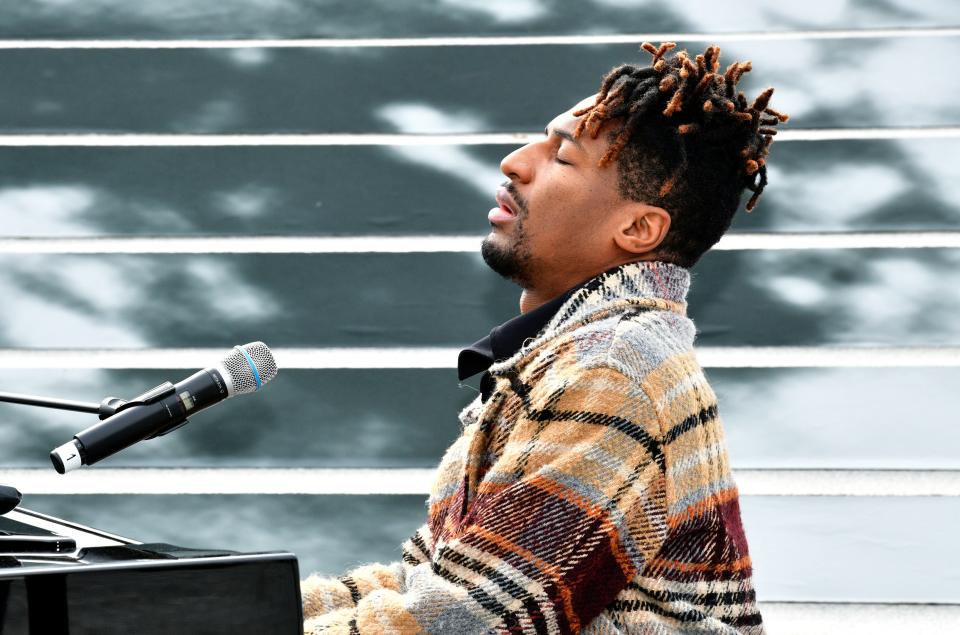 Jon Batiste performs on stage during Eyes on Iran Press Preview for Woman Life Freedom at Franklin D. Roosevelt Four Freedoms State Park on Roosevelt Island on Nov. 28, 2022 in New York City.