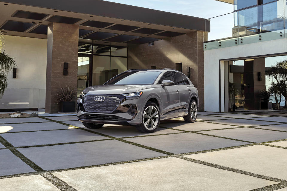 This photo provided by Audi shows the 2023 Audi Q4 e-tron, a small electric luxury SUV with an EPA-estimated range of 223 miles. (Courtesy of Audi AG via AP)
