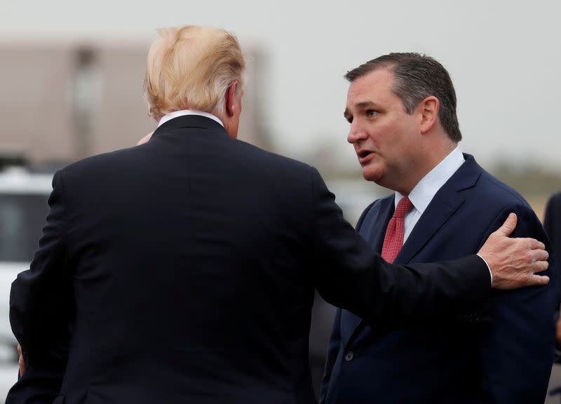 FILE PHOTO: U.S. President Trump greets U.S. Senator Cruz (R-TX) upon arrival at the Ellington Field Joint Reserve Base in Houston