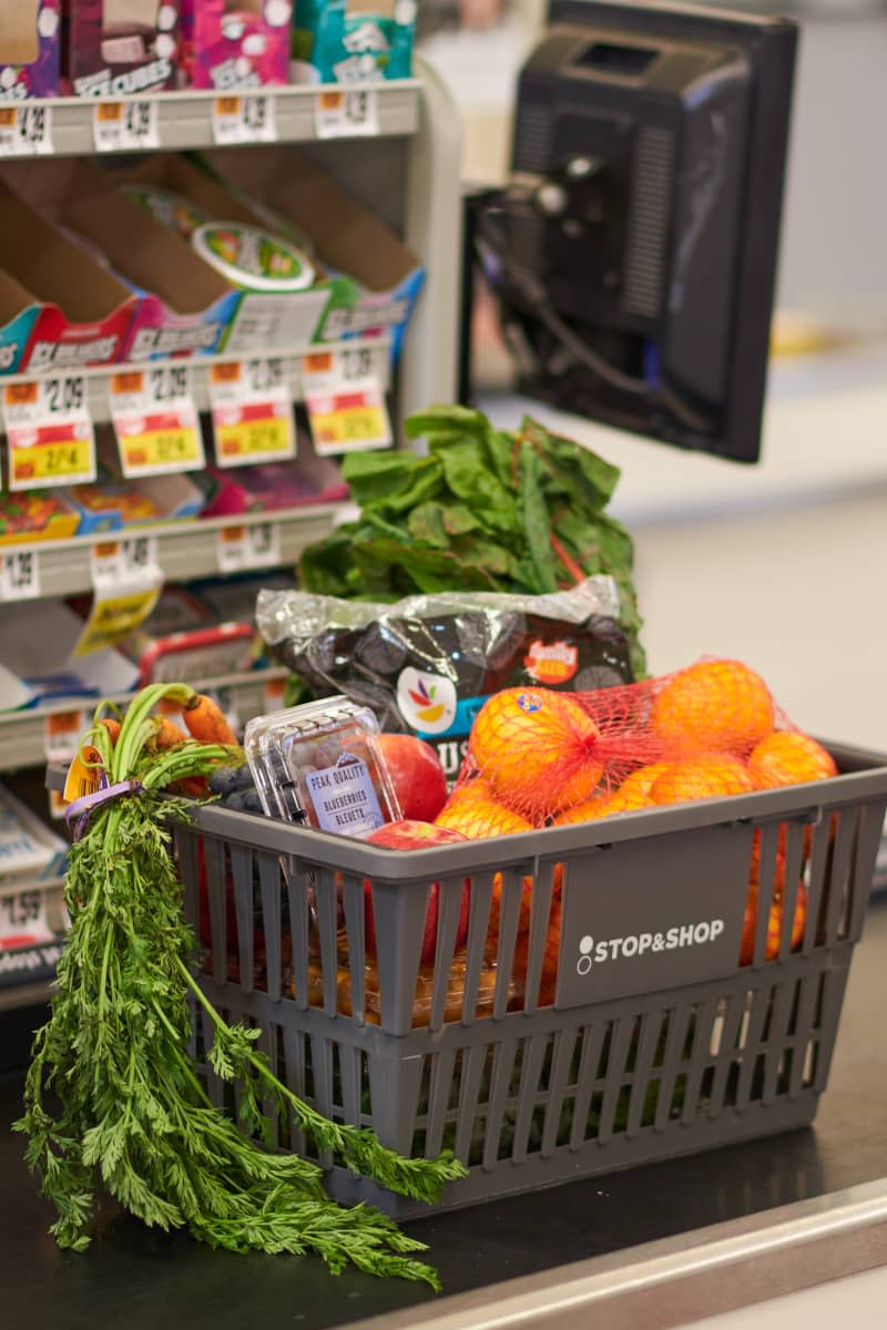 grocery basket on conveyer belt