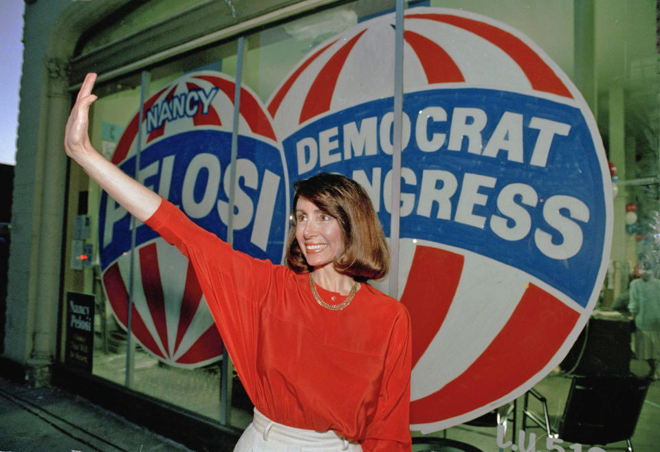 Nancy Pelosi at her campaign headquarters in San Francisco on  April 7, 1987. (Paul Sakuma / AP file)