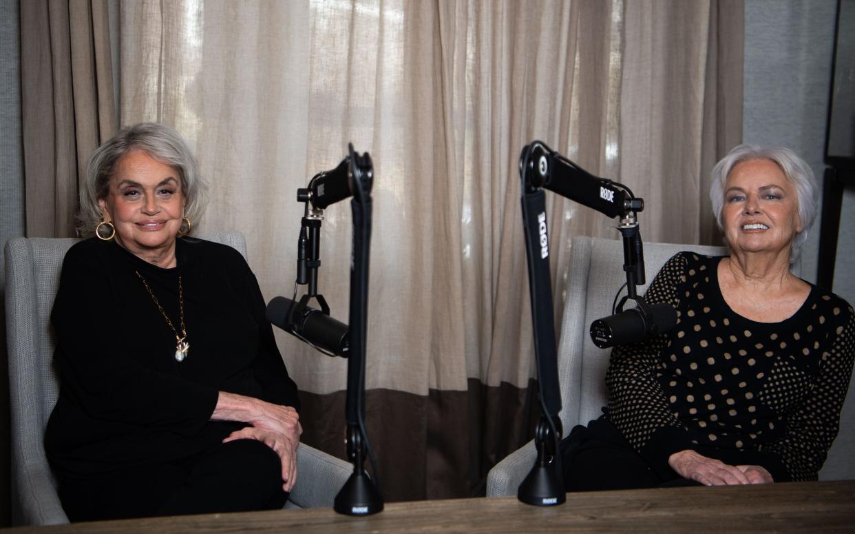 Susan Nadler and Evelyn Shriver are the hosts of the Shady Ladies of Music City podcast, poses at their recording studio at Morris Higham Management in Nashville, Tenn., Tuesday, Feb. 13, 2024.