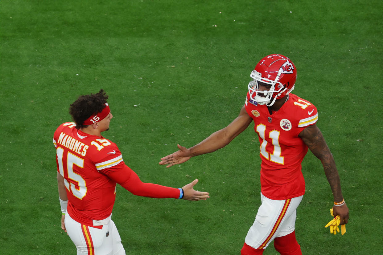 Patrick Mahomes; Marquez Valdes-Scantling; Super Bowl LVIII \ Michael Reaves/Getty Images