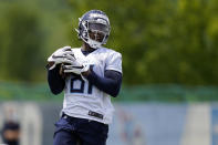 Tennessee Titans wide receiver Racey McMath runs a drill during NFL football rookie minicamp Saturday, May 15, 2021, in Nashville, Tenn. (AP Photo/Mark Humphrey, Pool)