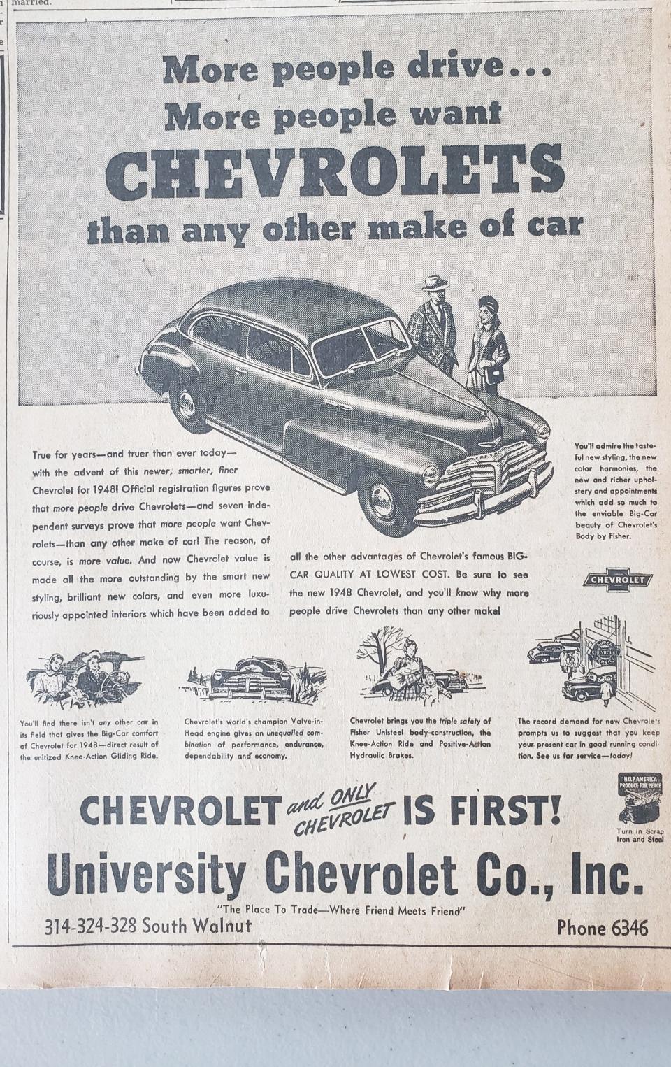 A local Chevrolet ad in 1948.