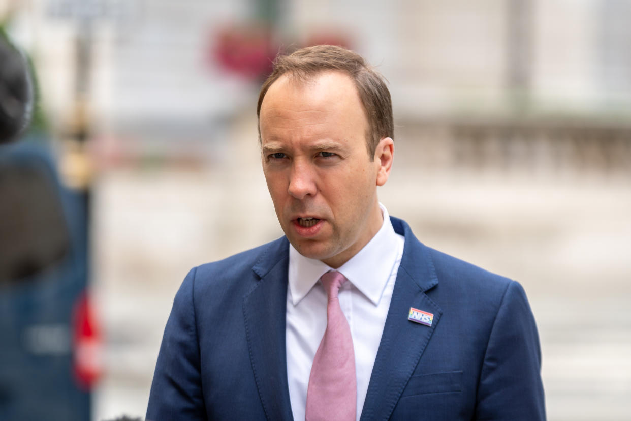 LONDON, UNITED KINGDOM - JULY 5, 2020: Health Secretary Matt Hancock at the BBC before appearing on the Andrew Marr Show. London, Great Britain, 05 Jul 2020 David Nash / Barcroft Media- PHOTOGRAPH BY David Nash / Barcroft Studios / Future Publishing (Photo credit should read David Nash/Barcroft Media via Getty Images)