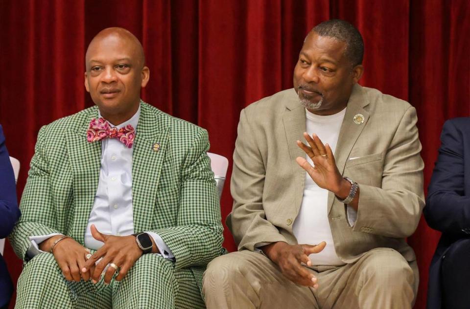 On Wednesday, April 12, 2023, Miami-Dade County Commissioner Oliver G. Gilbert, III, left, and Miami Gardens Mayor Rodney Harris, right, attend the announcement ceremony of the new Boys & Girls Club in Miami Gardens, Florida. Harris envisions a city with booming development that will attract tourists while still maintaining the character of the bedroom community.