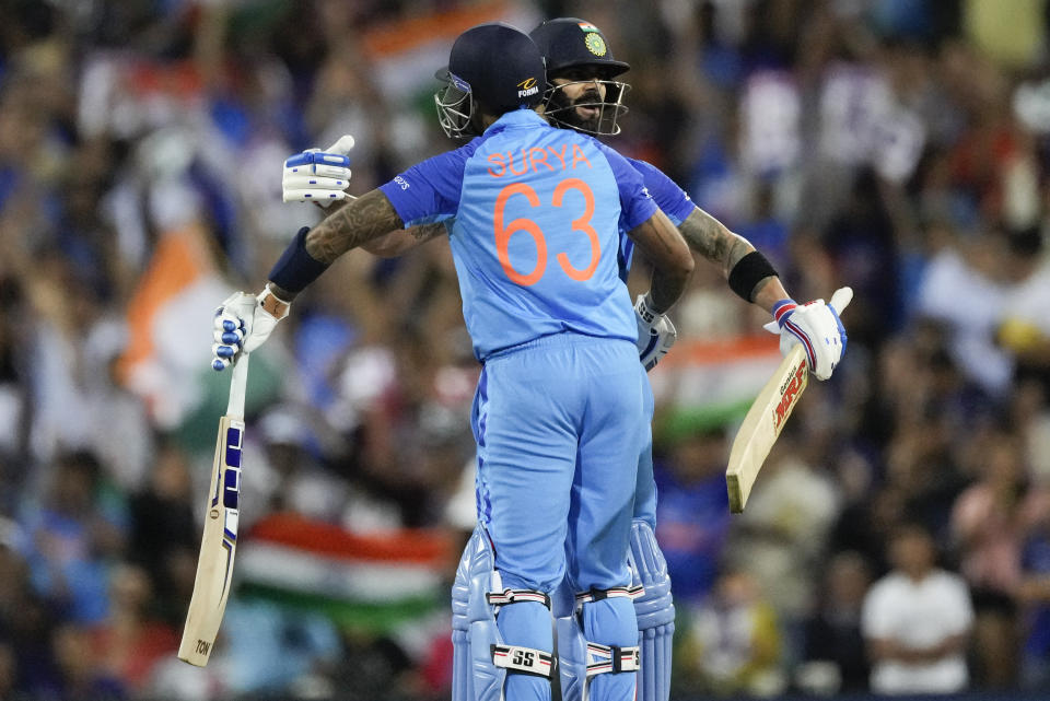 India's Virat Kohli, right, and teammate Suryakumar Yadav react at the end of their innings during the T20 World Cup cricket match between India and the Netherlands in Sydney, Australia, Thursday, Oct. 27, 2022. (AP Photo/Rick Rycroft)