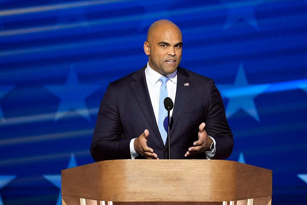 Rep. Colin Allred, D-Tex., speaks during the final day of the Democratic National Convention at the United Center.