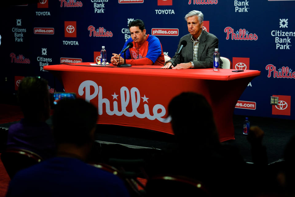 Philadelphia Phillies president of baseball operations Dave Dombrowski, right, and Phillies interim manager Rob Thomson take part in a news conference in Philadelphia, Friday, June 3, 2022. Joe Girardi was fired by the Phillies on Friday, after his team's terrible start, becoming the first major league manager to lose his job this season. (AP Photo/Matt Rourke)