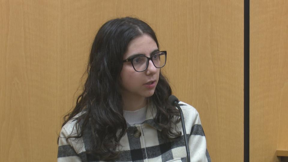 Gianna Saad, a 17-year-old student of Cardinal Carter Catholic Secondary School, testifies on the witness stand in a mock trial at the Superior Court of Justice in Windsor.