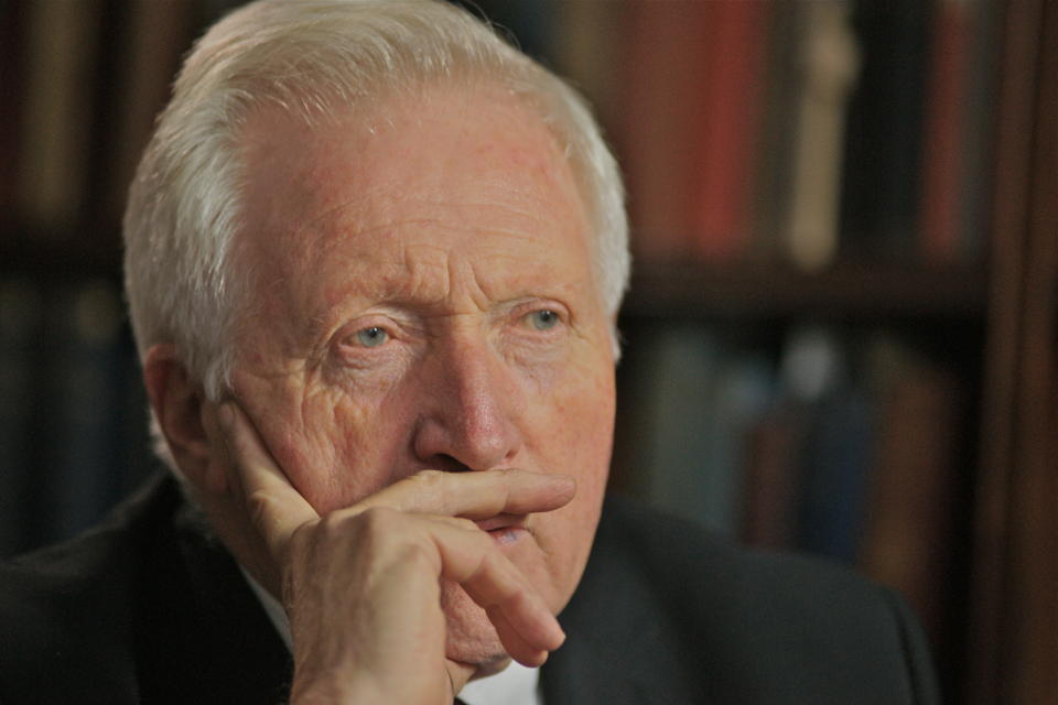 British journalist David Dimbleby appears on the Andre Singer documentary &#39;Night Will Fall&#39;, which researches the making of the German Concentration Camps Factual Survey, 2014.  (Photo by Richard Blanshard/Getty Images)