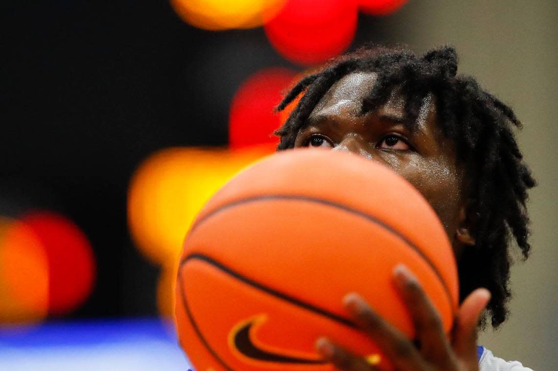 Kentucky forward Chris Livingston shoots a free throw during the Blue-White Game at Appalachian Wireless Arena in Pikeville on Saturday.