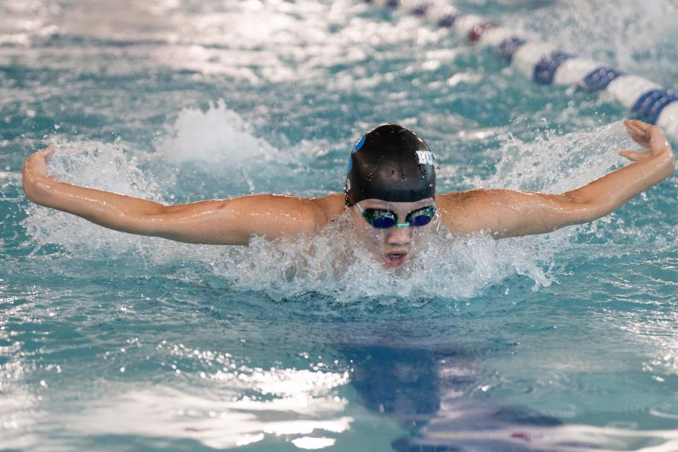 Dec 12, 2023; Wayne, NJ, USA; Bergen Catholic/IHA swimming at Passaic Tech. Julia Lo, of Passaic Tech, in the 100 Fly.