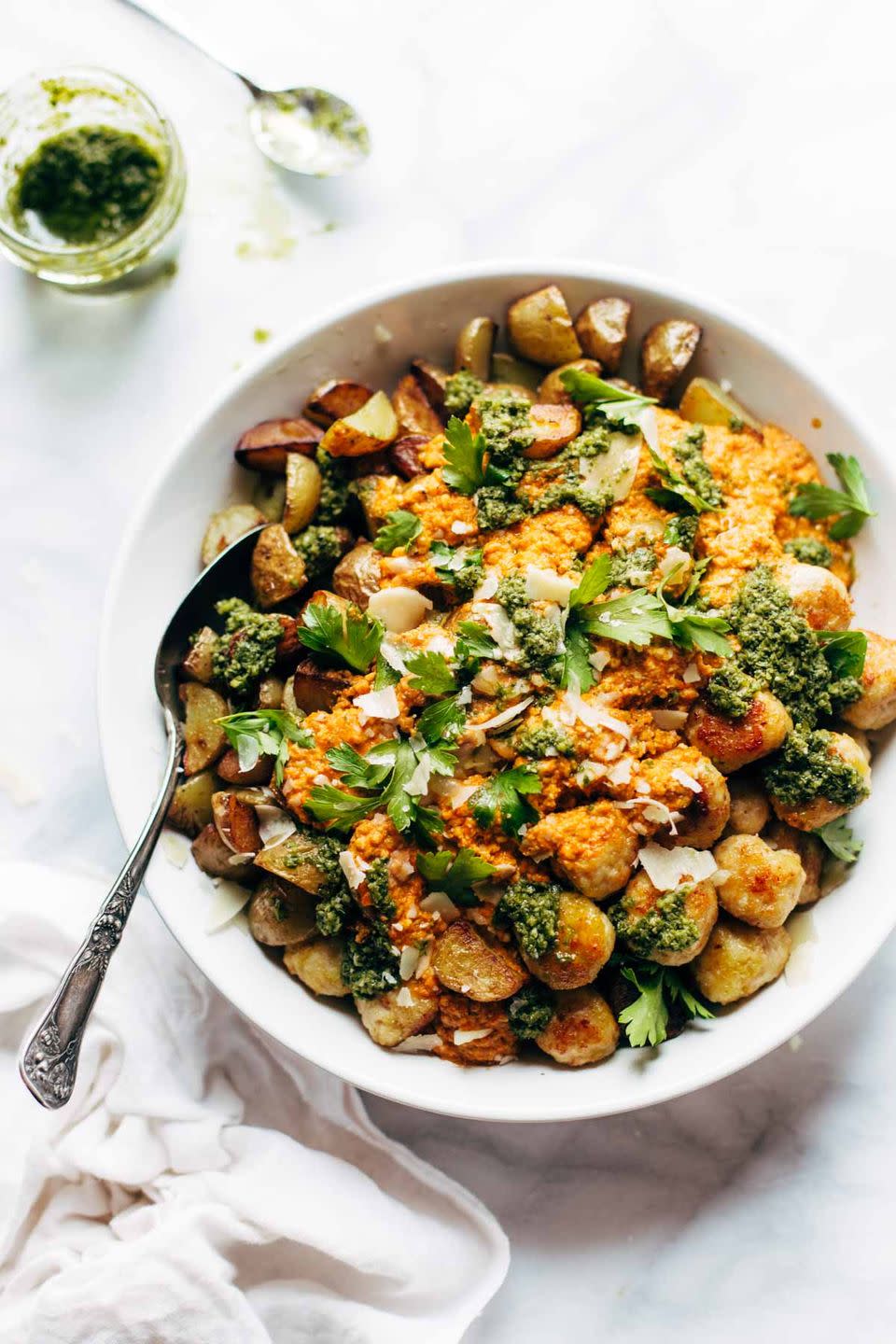 Mini Chicken Meatballs with Crispy Potatoes and Romesco