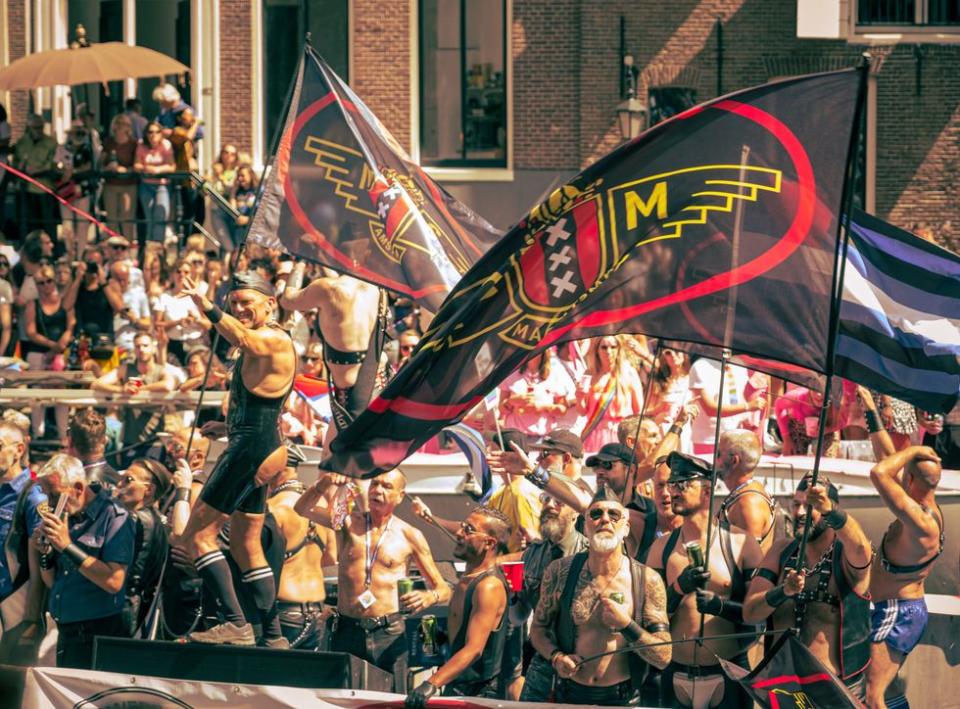 Leathermen on a float at Amsterdam Pride