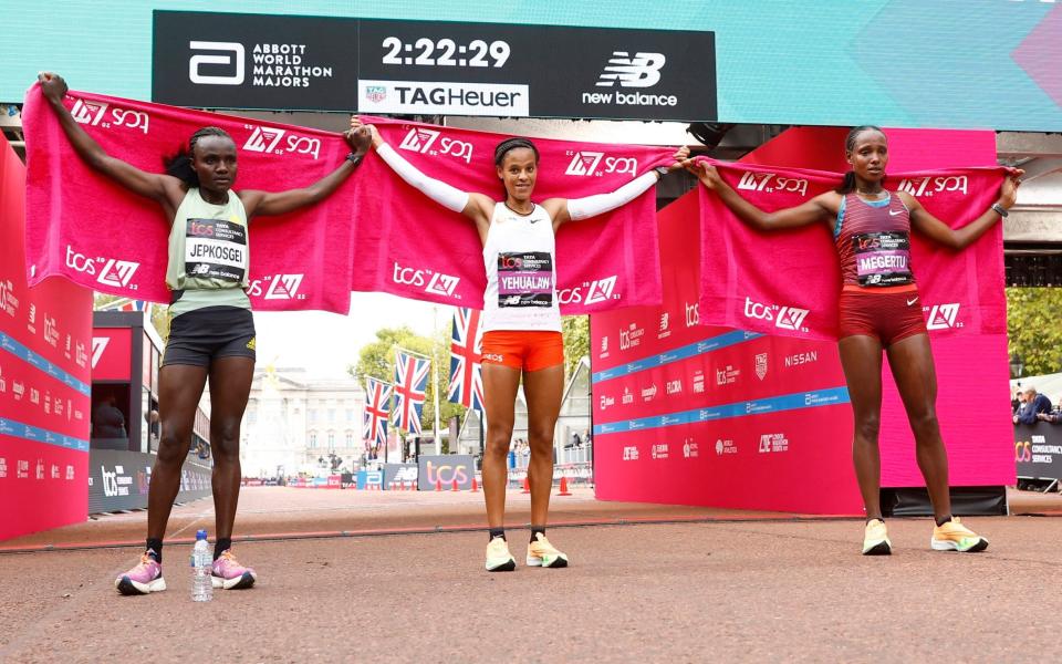 The three podium finishers: Yehualaw, Jepkosgei and Megertu - Andrew Boyers/Reuters