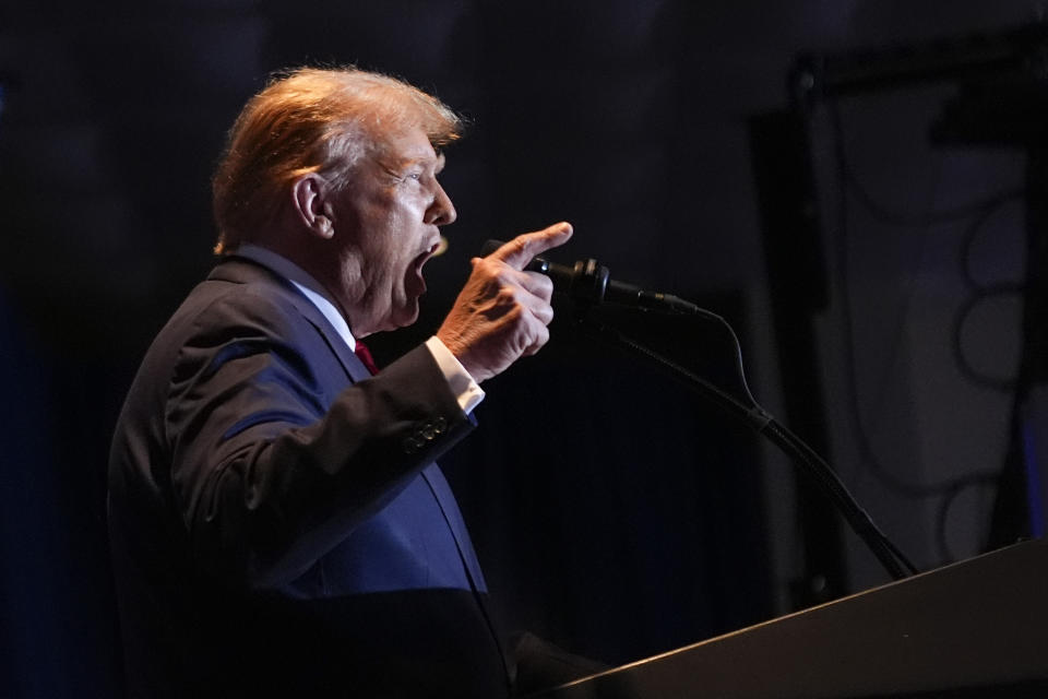 FILE - Republican presidential candidate former President Donald Trump speaks at a primary election night party at the South Carolina State Fairgrounds in Columbia, S.C., Feb. 24, 2024. In a victory speech on Tuesday, March 5, 2024, former President Trump elevated false information that had gone viral on social media, claiming the Biden administration secretly flew hundreds of thousands of migrants into the United States. (AP Photo/Andrew Harnik, File)