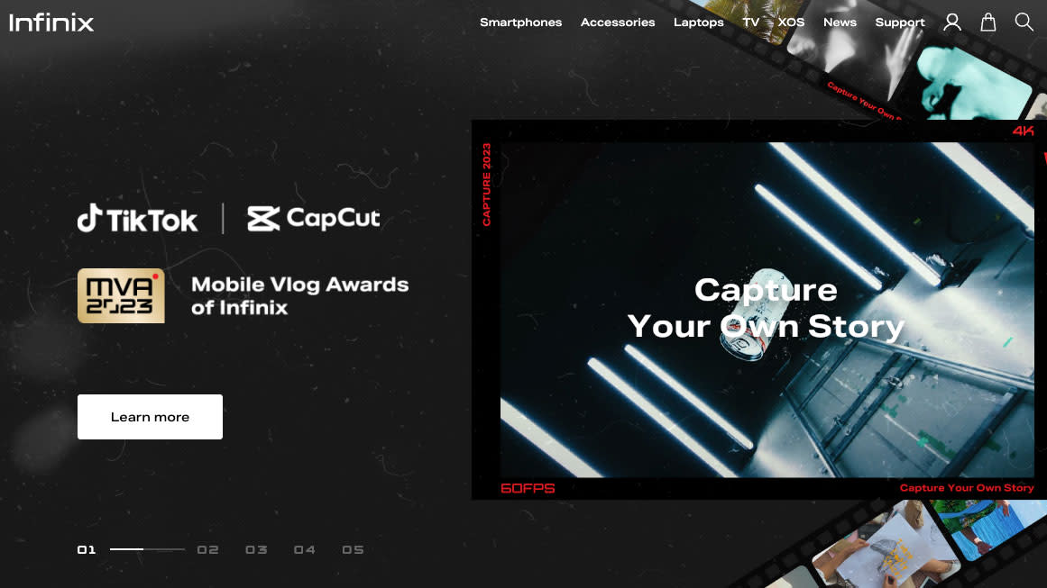  Infinix Mobility homepage that says 'capture your own story'. 
