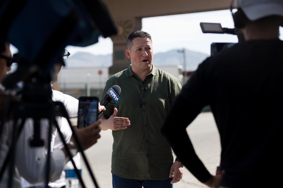 U.S. Rep. Tony Gonzales (TX-23) addresses the media following the end of Title 42 on Friday, May 12, 2023, with border updates at the intersection of Calleros Court and Chihuahua Street in El Paso, Texas.