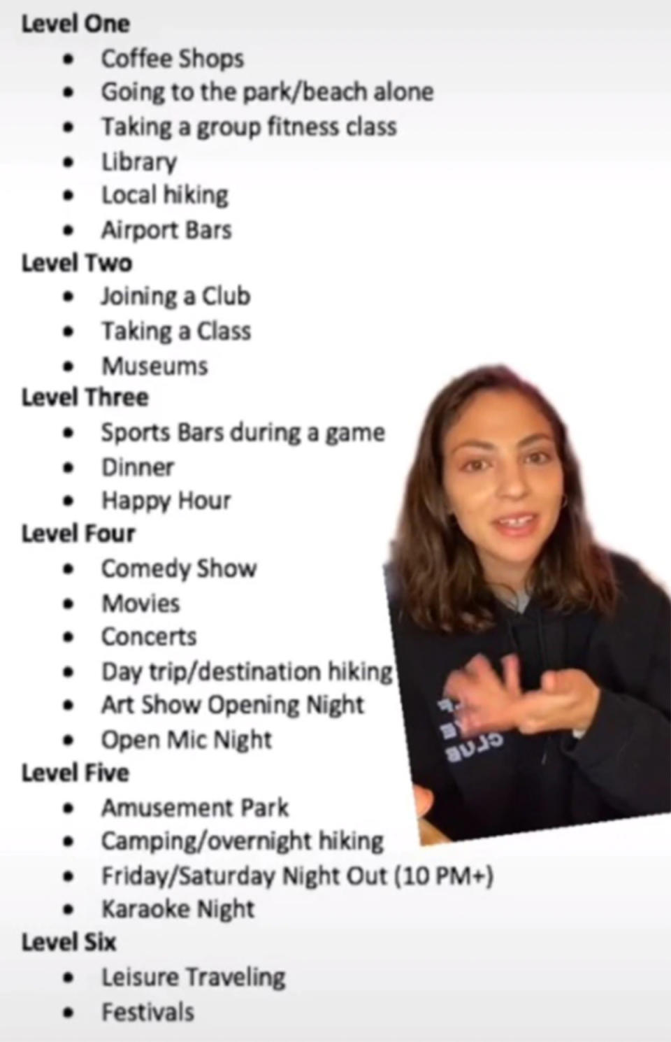 A screenshot of a list of dating ideas with an inset photo of a woman with brown hair in a TikTok video. Photo: TikTok/angelicaexplainsitall.