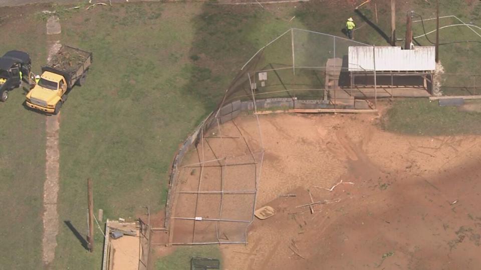 Chopper 9 Skyzoom caught the tornado damage that knocked down a fence surrounding a baseball field at Mt. Ulla Elementary School in Rowan County.