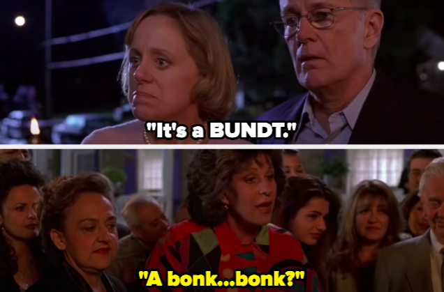 A woman saying "It's a Bundt" and another woman saying "A bonk...bonk?"