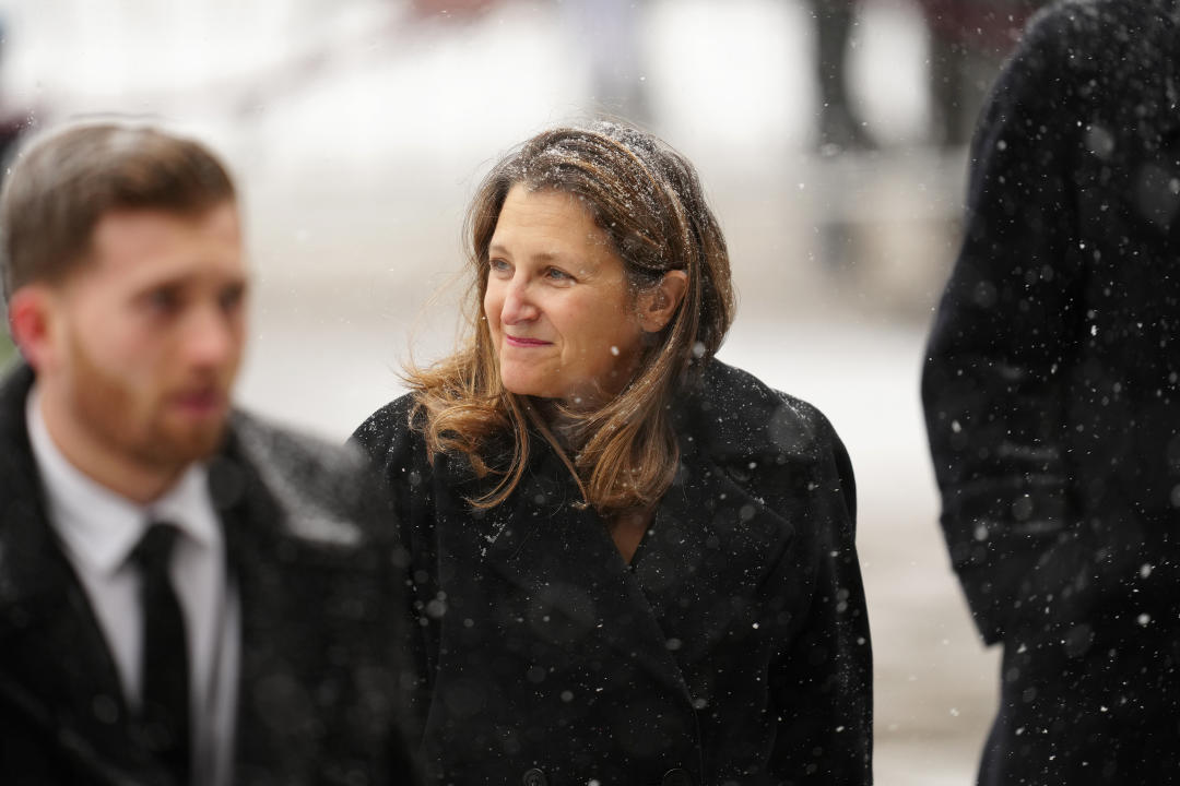 Deputy Prime Minister Chrystia Freeland arrives to the funeral of former prime minister Brian Mulroney, in Montreal, Saturday, March 23, 2024. THE CANADIAN PRESS/Sean Kilpatrick