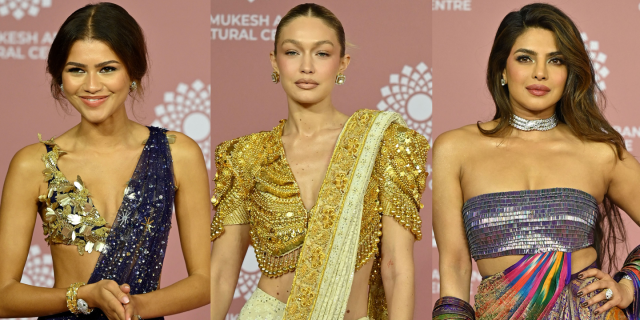 Zendaya and Gigi Hadid wearing a saree at the NMACC launch in