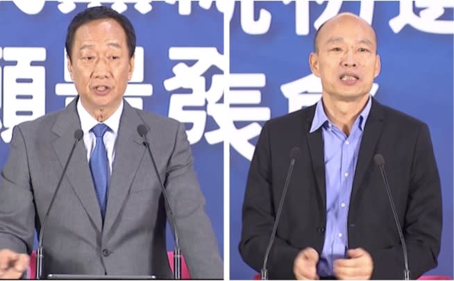 前鴻海董事長郭台銘（左）向高雄市長韓國瑜（右）喊話。   圖：取自國民黨臉書