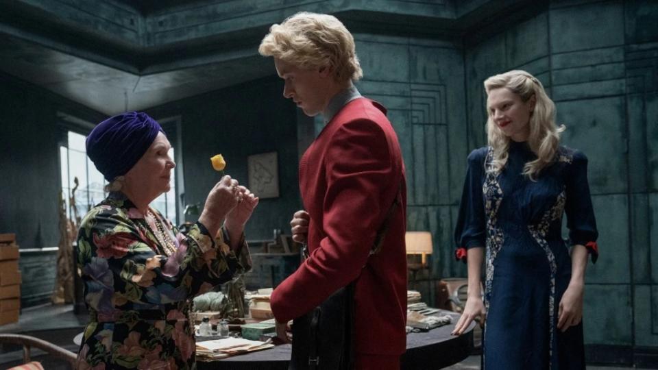 The Grandma’am (Fionnula Flanagan), Coriolanus Snow (Tom Blyth) and Tigris Snow (Hunter Schafer) in “The Hunger Games: The Ballad of Songbirds and Snakes” (Lionsgate)