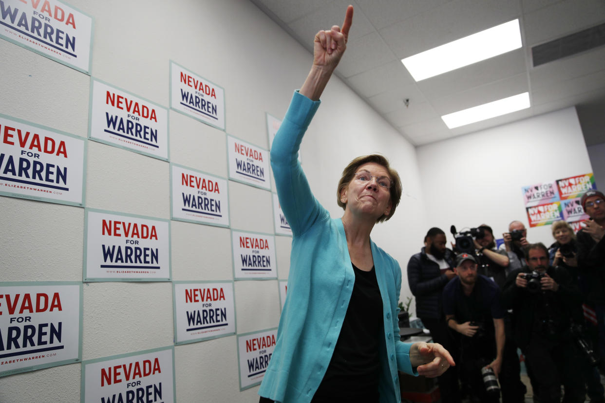 Democratic presidential candidate Sen. Elizabeth Warren, D-Mass., reacts as she speaks at a campaign office, Thursday, Feb. 20, 2020, in North Las Vegas, Nev. (John Locher/AP)