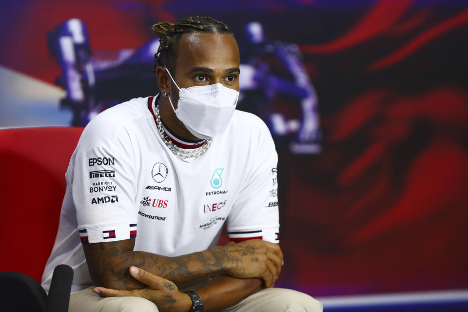 Mercedes driver Lewis Hamilton of Britain attends the Formula One Bahrain Grand Prix press conference in Sakhir, Bahrain, Thursday, March 25,2021. (Dan Istitene, Pool via AP)