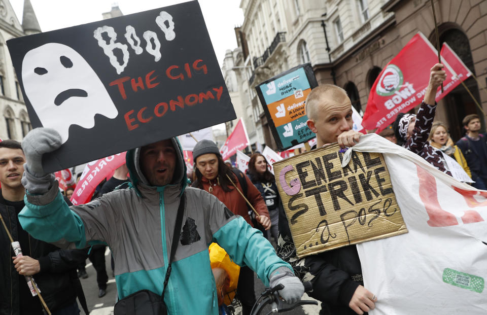 A protest march against gig economy in London last year. Photo:Alastair Grant/AP